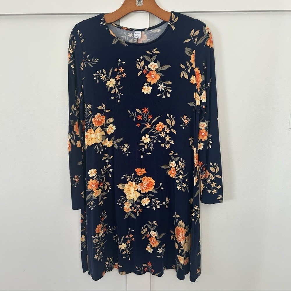 Old Navy Women's Swing Dress Blue Orange Floral Long Sleeves Casual Medium